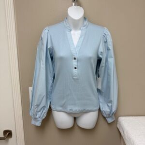 NEW! 1.State Puff Sleeve Cotton Blend Top Snap Placket V Neck Angel Blue XS